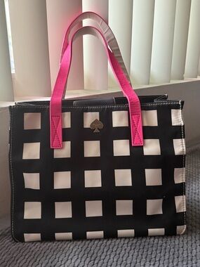 kate spade Black & White Check Tote with Pink Handles